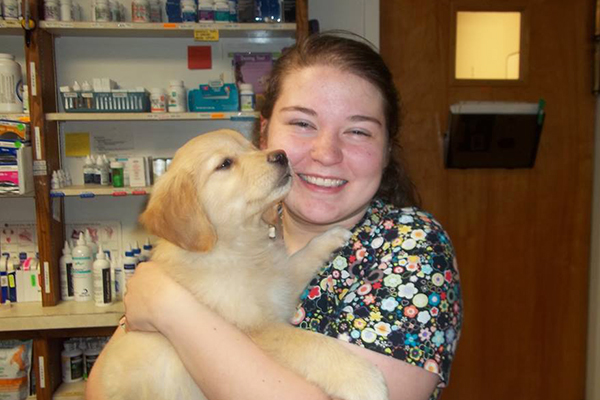 Veterinarian holding a puppy after surgery